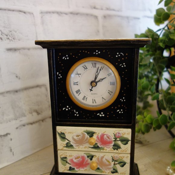 Hand Painted Checks Clock Black White Checkered Frame Clock with Pink Rose Decor - Picture 6 of 10